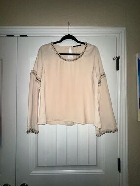 Lulumari Cream Eyelet-Trim Long Sleeve Blouse